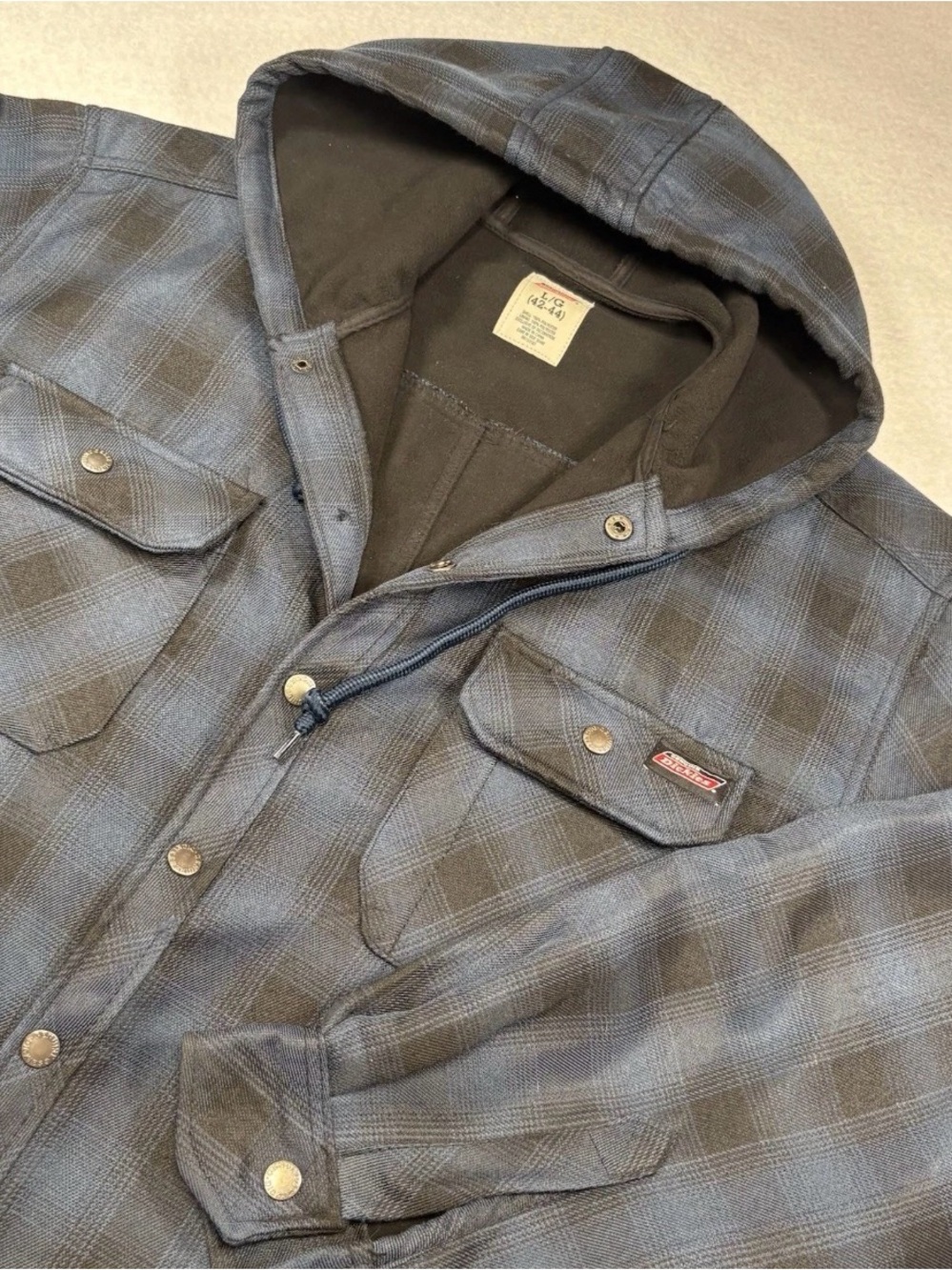 Dickies Men's Blue-Gray Plaid Hooded Shirt Jacket